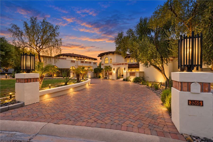 Front drive and entry at twilight, Valley Vista Estate